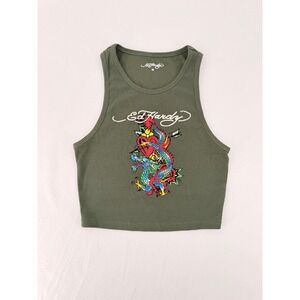 Ed Hardy Graphic Tank Top Womens Medium Green Dragon Heart Y2K Ribbed EHW1205-4